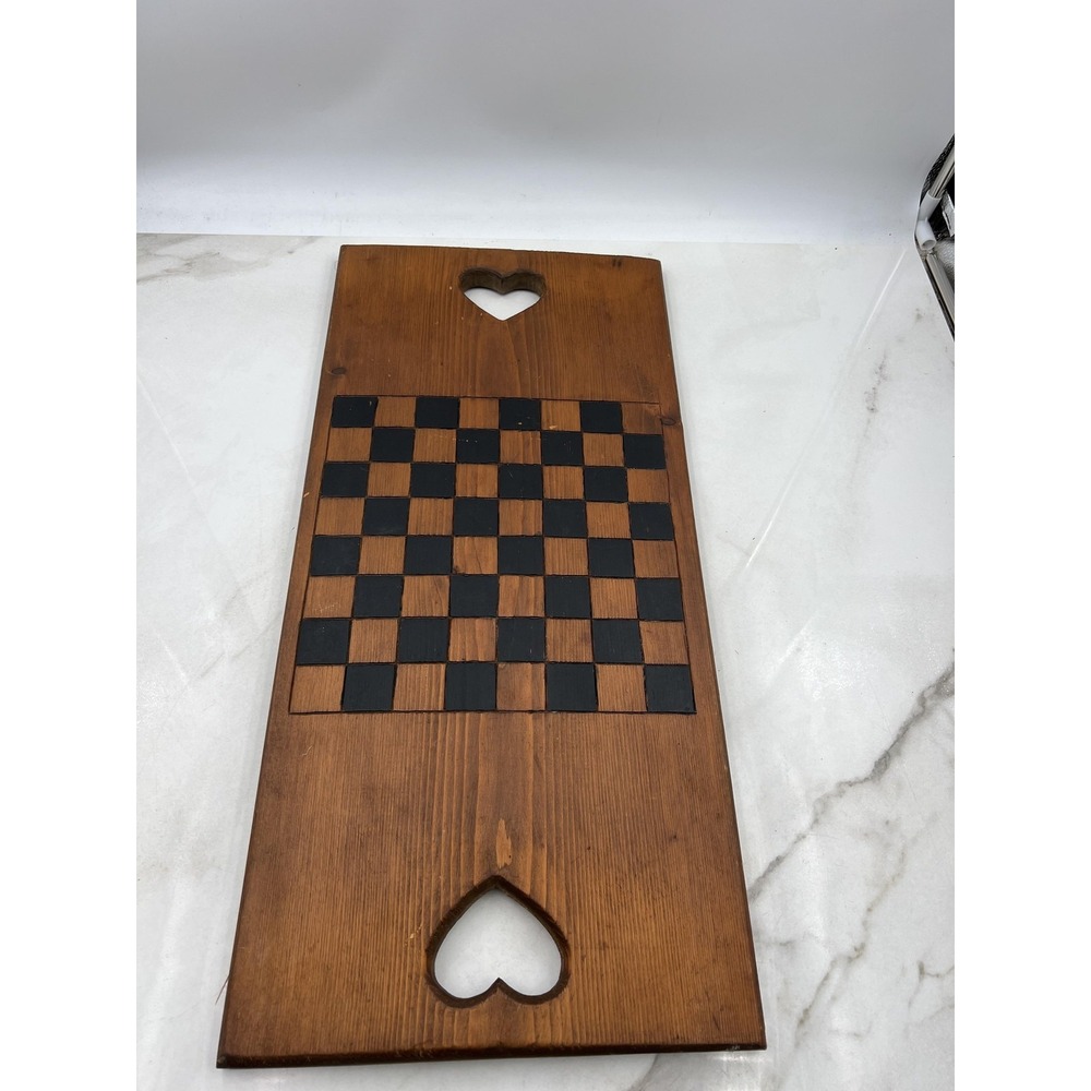 Vintage 1986 Handmade Wood Chess Checker Board Rustic Heart Cutout 24x11 Decor